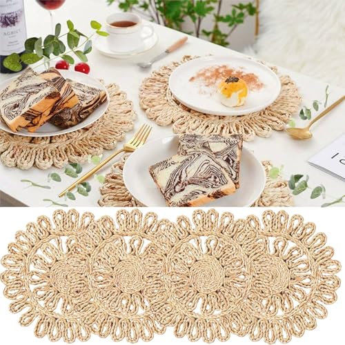 IcosaMro Round Woven Placemats for Dining Table Set of 4 Natural Braided Rattan Tablemat Hollow Wicker Charger Plates for Holiday Christmas Kitchen Table Mat, Beige