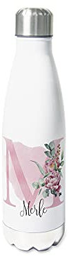 GRAZDesign Trinkflasche Edelstahl personalisiert Name, auslaufsicher Einschulung Geschenk, Thermosflasche Sportflasche Kinder/Erwachsene 500ml Pfingstrose und Eukalyptus