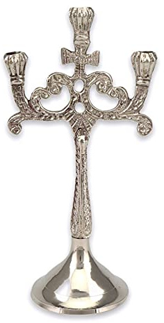 3 Kerzen Messing Kerzenständer - Silber Orthodoxe Kirche Kerzenhalter Home Altar Gebetsecke Höhe 17,0 cm