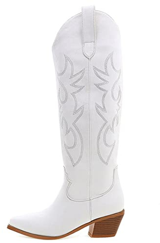 Erocalli White Cowgirl Boot Cowboy Boots for Women Embroidered Pull-On Chunky Stacked Heel Knee High Western Boots