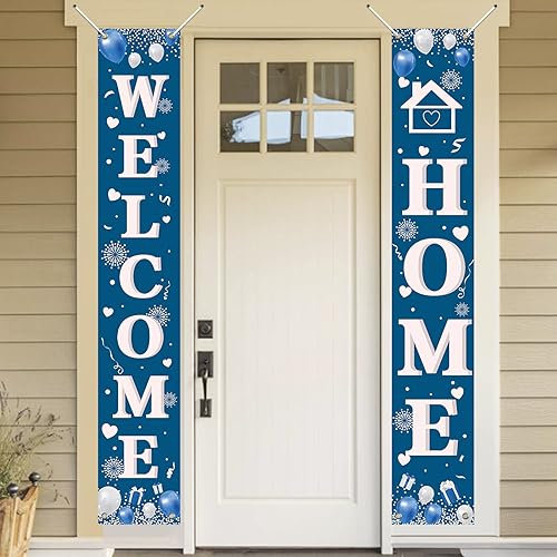 KOLIPHY Bienvenida a Casa Decoración, Azul Welcome Home Puerta Bandera para Regreso a Casa, Familiar Reuniones, Familiar Regreso, Bienvenida a Casa Pancarta 70,8 x 43,3 Pulgadas