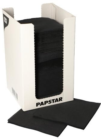 PAPSTAR 100 Servietten, 2-lagig PUNTO 1/4-Falz 20 cm x 20 cm schwarz mikrogeprägt, in Spenderbox (87362, 100 Stück)
