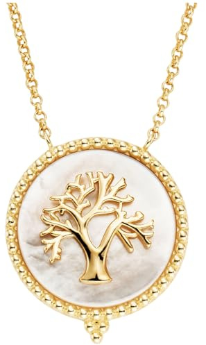 Engelsrufer Damen Halskette aus Sterling Silber in Gold mit Lebensbaum Medallion auf weissem Perlmutt, Karabinerverschluss, nickelfrei, Größe: 42+4+4 cm, ERN-LILTREE-PE-G