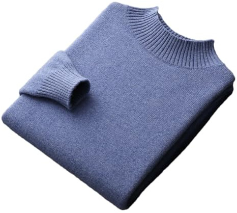 100% Merino Wool Mock Neck Sweater Mens Solid Knitted Half Turtleneck Jumper Thick Casual Pullover Blue L