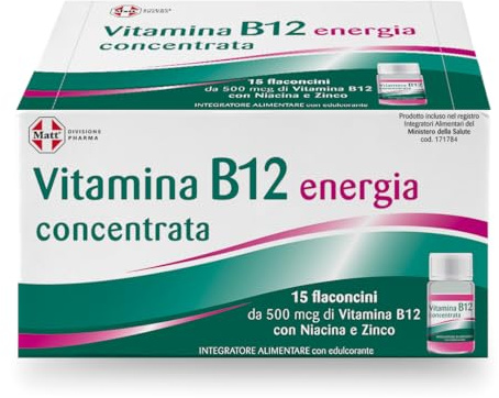 Matt, Vitamina B 12 Concentrata, Integratore Alimentare, Riduce Stanchezza, Favorisce il Normale Metabolismo Energetico e il Funzionamento del Sistema Nervoso e Cognitivo, Confezione da 15 Flaconcini