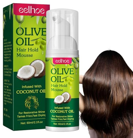 Mousse Coiffante À L'Huile D'Olive, 60ml Mousse Pour Cheveux, Mousse Volume Pour Cheveux Bouclés, Mousse De Fixation Longue Durée Pour Des Boucles Mieux Définies, Pour Cheveux Bouclés, Frisés & Crépus