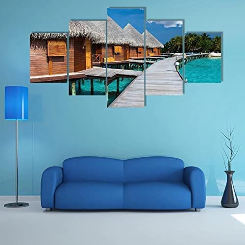 Holzhaus Strand Am Meer 5 Teilig Leinwandbilder Bild Auf Leinwand Wandbild Kunstdruck Wanddeko Wand Wohnzimmer Wanddekoration For Home Office Modern Decoration 100 X 50 Cm / 39,37 X 19,68 Z -4O0E/W1T1