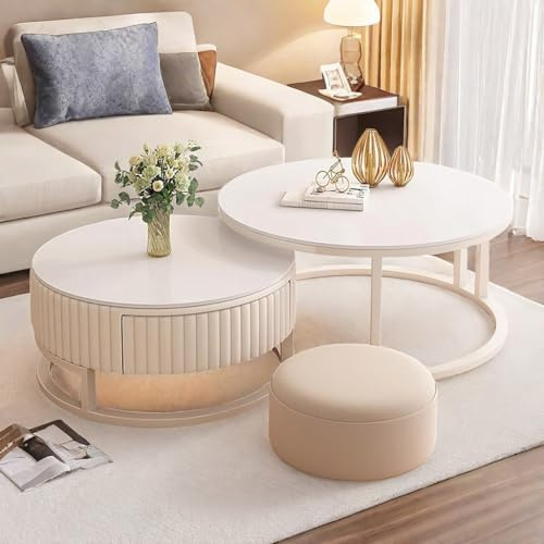 HRXQ Runder Couchtisch Weiß Couchtisch Rund 2er Set Wohnzimmertisch Nesting Kaffeetisch Für Wohnzimmer, Balkon Und Büro - 70cm+50cm