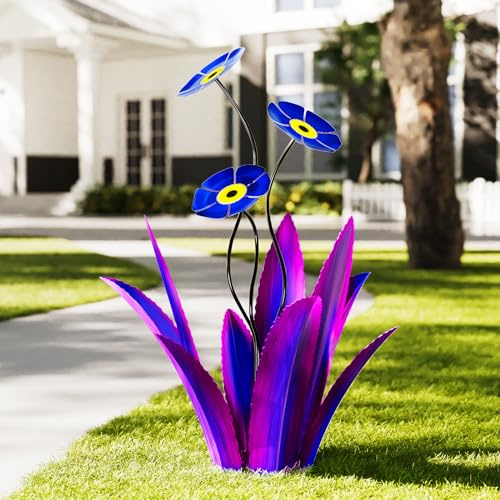 FLYVOLE Verbesserte große Metall-Hofkunst, Agaven-Pflanzen-Hof-Dekorationen, Outdoor-Skulptur, Blumen für draußen, wasserdichte Outdoor-Gartendekoration (lila + blaue Blume)