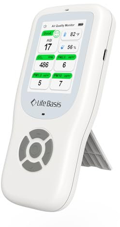LifeBasis Air Quality Monitor 10-in-1 CO2 Monitor Rechargeable with Stand Real-Time AQI,PM1.0,PM2.5,PM10,TVOC,HCHO,Particles,Temp and Humidity Air Quality Detector Indoor for Home Office School