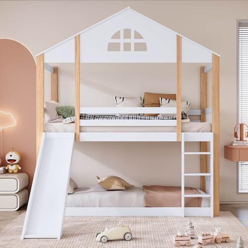 KOMHTOM Lit Toboggan Blanc Lit en Mezzanine avec escalier, lit cabane avec sommier à Lattes Lits en Hauteur Lits superposés
