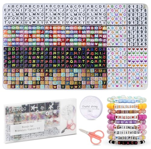 FZIIVQU Buchstabperlen Armband Machen Set, 5 Arten von quadratischen Buchstaben Perlen Kit 6x6mm Quadrat Acryl Alphabetperlen Und Auch Zahl Herz Beads Perlen für armbänder