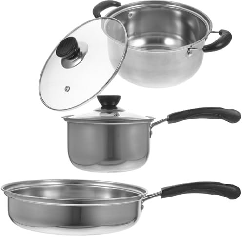 Cabilock Three Kitchen Stainless Steel Frying Pan Soup Pot Metal Cookware for Household Cooking