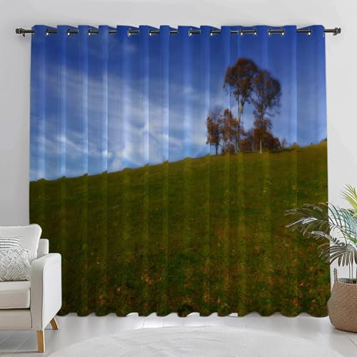 Gardinen Vorhänge mit Ösen, Großer Baum Vorhänge Wohnzimmer Modern 2er Set, Vorhang Schlafzimmer Transparent mit Grüner Berghang, Vorhang Kinderzimmer Küchengardinen 132 x 160 cm (B x H)