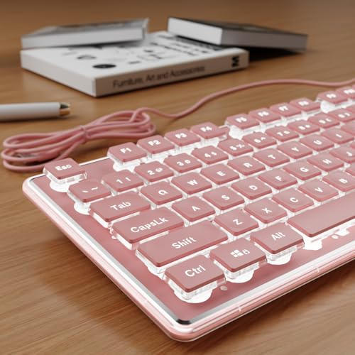 SEUNKWANG EWEADN GX710S Backlit Computer Keyboards, Wired USB Keyboard with White Backlit, Metal Panel, Plug and Play, Pudding Keycaps Full Size Quite Computer Keyboard for Win/PC/Laptop-Pink