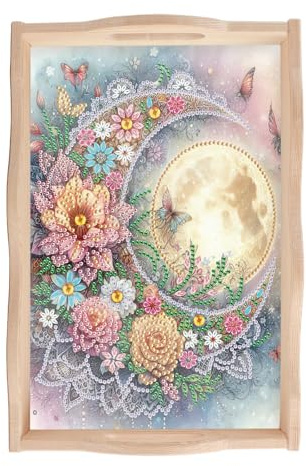 SHEGZHUC Diamond Painting - Bandeja rectangular para servir con asas, diseño de luna y flores, 20 x 30 cm, con diamantes