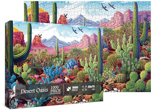 Kaktus Landschaft Puzzles für Erwachsene 1000 Teile Natur, Schöne Pflanze Wüstenoase Kunst Puzzles, Vogel Blume Tier Malerei Puzzle als Wohnkultur