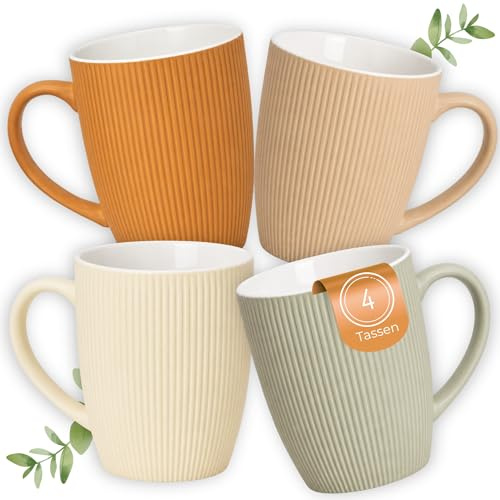 Kaffee-Tassen 4er Set in orange, beige, creme, grau - Modernes 300ml Steingut Tassen-Set mit Struktur - Außergewöhnliche Kaffee-Becher spülmaschinenfest, mikrowellengeeignet als schönes Geschenk