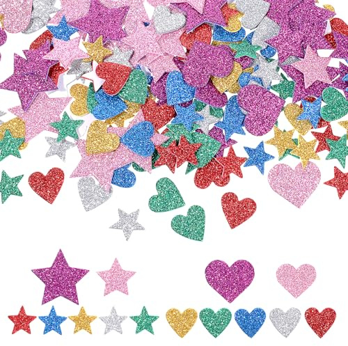 BIHUIZ 320 Stück Glitzernde Schaumstoff Aufkleber, Stern und Herz Sticker Bunte Selbstklebend Glitzer Moosgummi Stickers für Kinder Wand Dekoration Basteln
