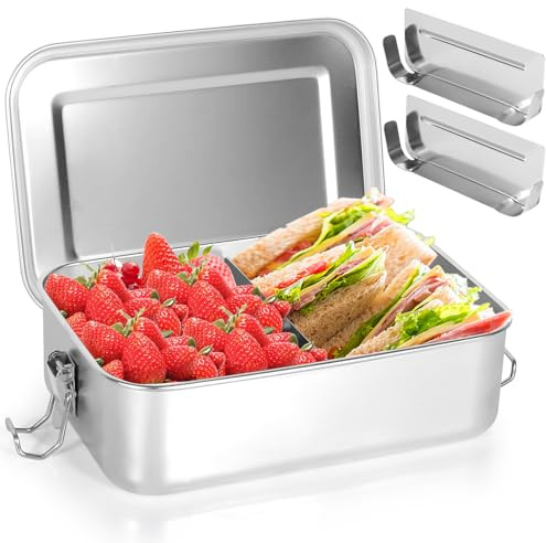 FoiiLiio Edelstahl Brotdose,Mit 2 Fächern,1400ml Lunchbox Brotdose aus Edelstahl,Brotzeitdose mit Trennwänd,Auslaufsichere Bento-Box aus Edelstahls,Brotdosen Metall für Erwachsene & Kinder,19x13x6 cm