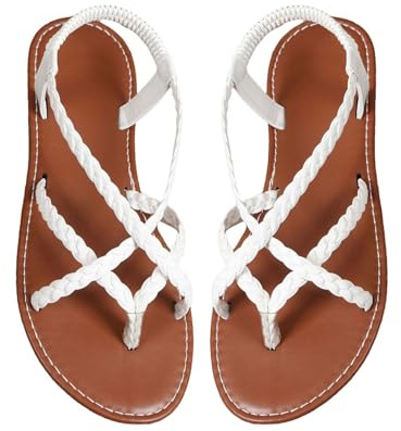 Sandalias de verano para mujer playa elegantes y cómodas planas sandalias de dedo ligeras antideslizantes sandalias de ocio sencillez sandalias de piel moda elegantes, Blanco, 38 EU