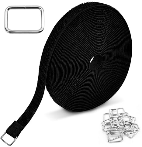 Klettband Kabelbinder 10m x 2cm mit 50 Metallschnallen – Stark haftender Klettverschluss, individuell zuschneidbar, wiederverwendbar, Outdoor Klettgurt für Kabelmanagement, Garten, Camping - Schwarz