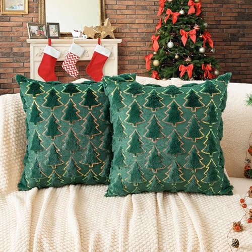 ALINK Kissenbezug Weihnachten 2 Stück, Weihnachtsdeko Kissenbezug 45x45 cm, Winter, für Aesthetic Zimmer Deko (Baum Grün)