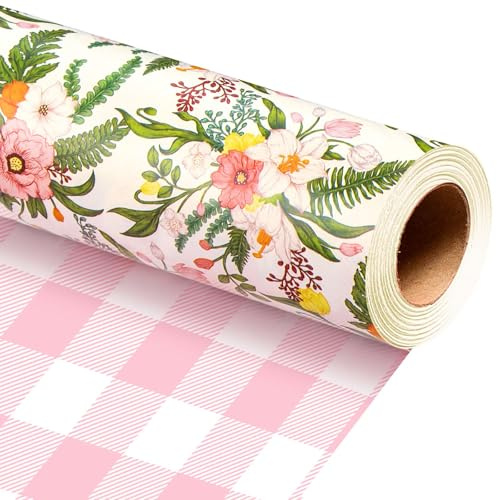 Wikadlik Florales Hochzeits-Geschenkpapier, 43 cm x 10 m, romantisches rosa-weißes Blumen- und Karomuster-Geschenkpapier für Muttertag, Geburtstag, Babyparty, Valentinstag