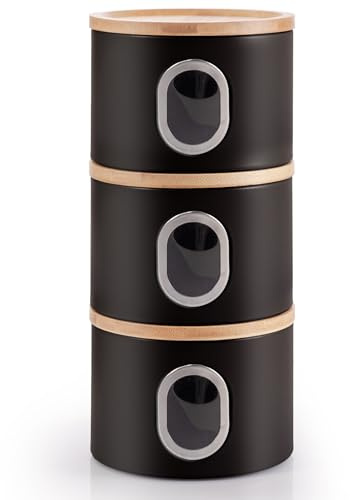EHC Set of 3 Kitchen Storage Canisters for Tea Coffee Sugar, Transparent Window Airtight Kitchen Multi purpose Containers, Black