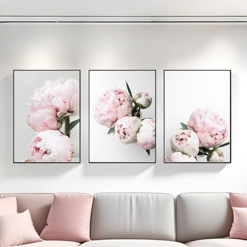 Xiyocadt 3-teiliges Poster Set Rosa Blumen Leinwandbilder,Pfingstrose Blumen Wandbilder,Ästhetische Dekoration,für Schlafzimmer und Wohnzimmer,Ohne Rahmen (50x70cm)