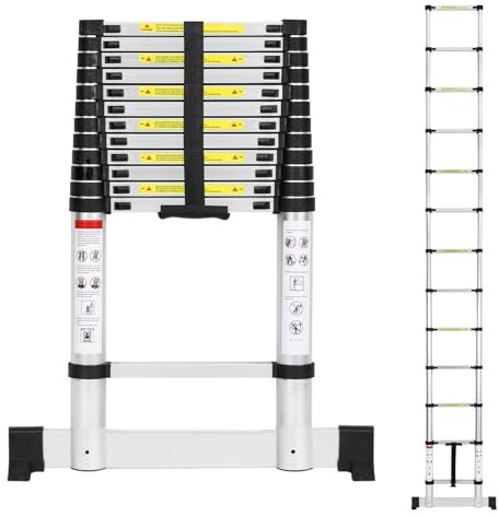 Eikuavons teleskopstege, 3,8 m aluminium, utdragbar stege med stabilisator, belastning 150 kg, halkfri aluminiumstege stående stege multifunktionsstege för vind, kontor, husbil, klättring