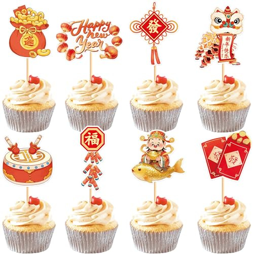 Blumomon 32 Stück Chinese Frohes Neues Jahr 2026 Tortenaufleger, Neujahr 2026 Party Dekorationen Chinese New Year Cupcake Topper Silvester Party Tortenaufleger Chinesisches Neujahrsfest