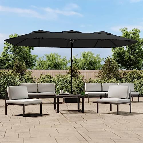 Parasol double avec lumière LED noir, 449 x 265 cm, protection UV pour terrasse, jardin, balcon, parasol d'extérieur robuste en polyester, protection solaire de patio, manivelle stable, pied sable