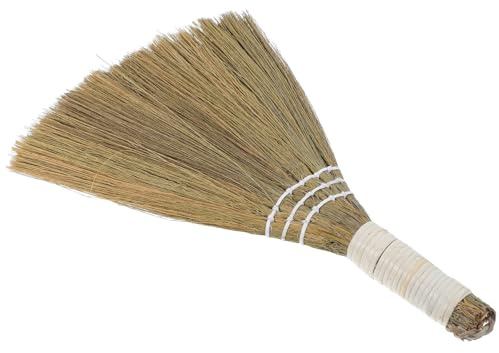 Hemobllo Piccola scopa a mano in fibra di Miscanthus, scopa naturale con manico ricamato, versatile per la pulizia della casa e l'uso dei bambini, 20 x 28 cm, colore bianco