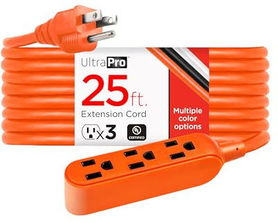 UltraPro 25 Ft Indoor Extension Cord 3 Outlet Extension Cords Outlet Power Strip Short Extension Cord with Multiple Outlets Grounded Heavy Duty Extension Cord 16 Gauge UL Listed Orange 51924