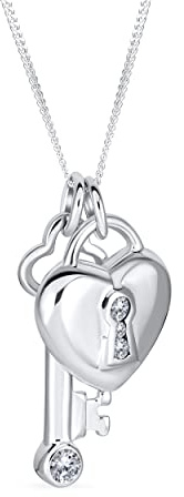 Bling Jewelry Love Lock And Key Heart CZ Accent Charm Pendant Necklace For Women For Girlfriend .925 Sterling Silver