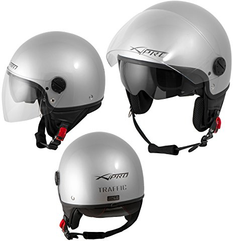 Casco Jet Scooter Moto ECE 22-06 Doppia Visiera Parasole Argento XL