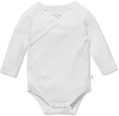MORI Baby Organic Cotton & Bamboo Kimono Bodysuit for Boys & Girls in White - Long Sleeve Wrap-Style Romper with Nickel-Free Poppers - Newborn