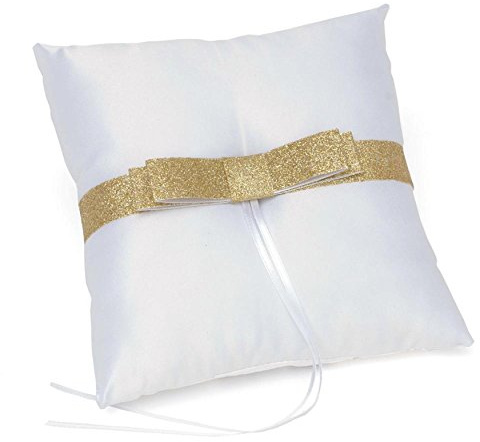 Gartner Studios Gold Glitter Bow Ring Bearer Pillow, White Satin, 7.5” x 7.5” (22038)