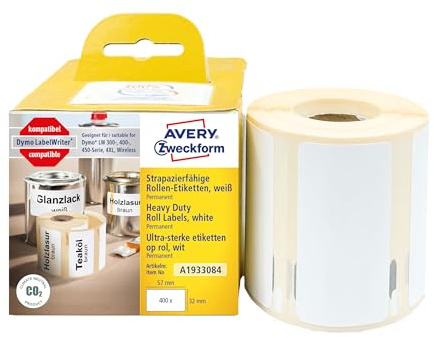 AVERY Zweckform A1933084 Dymo LabelWriter wetterfeste Etiketten kompatibel zu 1933084 (57x32mm, 1 Rolle|400 Kunststoff Aufkleber, selbstklebend, für LW Dymo Etikettendrucker, Beschriftungsgerät)