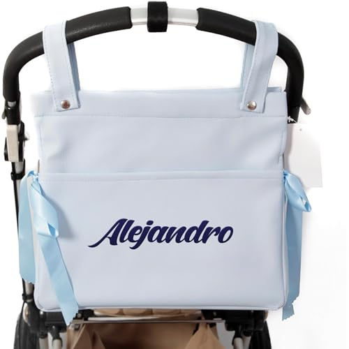 Danielstore - Bolso Carro Bebé Personalizado | Organizador Pañaleras con Nombre | Diseño Urbano y Elegante | Bolsillos Internos y Externos | Fácil Limpieza, Azul, 40x35x10 cm, Polipiel