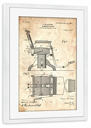 artboxONE Poster mit Rahmen weiß 45x30 cm Friseurstuhl Patent (Antik) von Artkuu - gerahmtes Poster