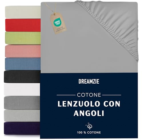 Dreamzie Lenzuolo Con Angoli Cotone - 100x200 - Oeko Tex certificato - Grigio - Lenzuola Singolo Cotone 100x200 | Grigio · Bordo elastico · Altezza 22cm · lavabile a 60°C · Jersey · Certificato Oeko-Tex