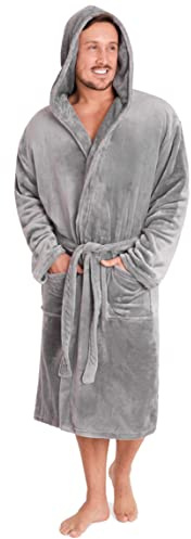 CityComfort Herren Morgenmantel Super weich Herren Fleece Robe mit Kapuze Roben Bademantel warm und kuschelig (XL, Light Grey)