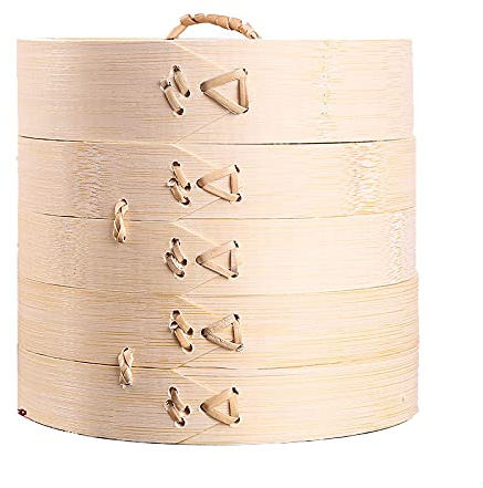 2 Tier Bamboo Steamer with Lid, Traditional Handmade Steamer Baskets for Cooking Dim Sum, Dumplings, Bun, Rice