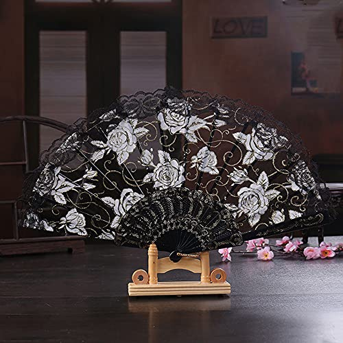 Hochzeitsfächer Spitze,Handfächer Spanische Barock Viktorianischen Faltfächer Klappfächer Vintage Damen Herren Folding Fans Fächer für Hochzeit Geschenk Party Kostüm Karneval Tanzen Fasching,Schwarz