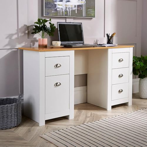 Home Source Office Computer Desk, Dressing Table, 4 Drawers, 1 Cupboard, Oak Effect top, White