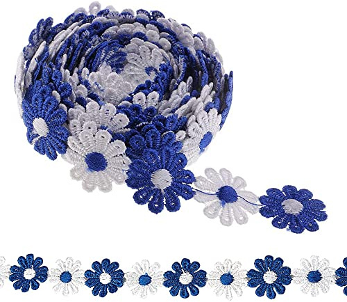 XCSJ 5 Yard 25mm Blumen Spitzenband Spitzenborte Stickerei (Blau,weiß) | Dekoband Zierband Borten Bänder Blumenband Gänseblümchen Dekoband Spitzen Spitzenborte Für Hochzeit Deko Handwerk Nähen Deko