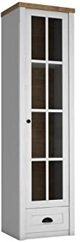 Vitrine Provence W1S PR18 mit Schublade, Standvitrine, Vitrinenschrank, Glasvitrine, Gehärtetes Glas, Wohnzimmer Schrank (Kiefer Andersen/Eiche Lefkas Dunkel, mit weißer LED Beleuchtung)