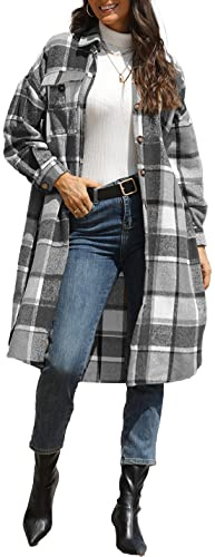 Sukany Lässiges Damen-Hemd mit Revers, Wollmischung, lang, kariert, Knopfleiste, langärmelig, Jacke